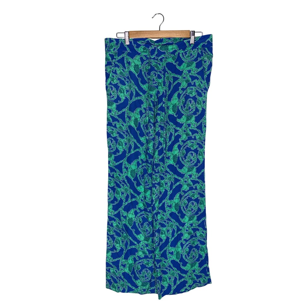 Lilly Pulitzer Wide Leg Pants Womens M Blue Green Elephant Print Excellent Rayon